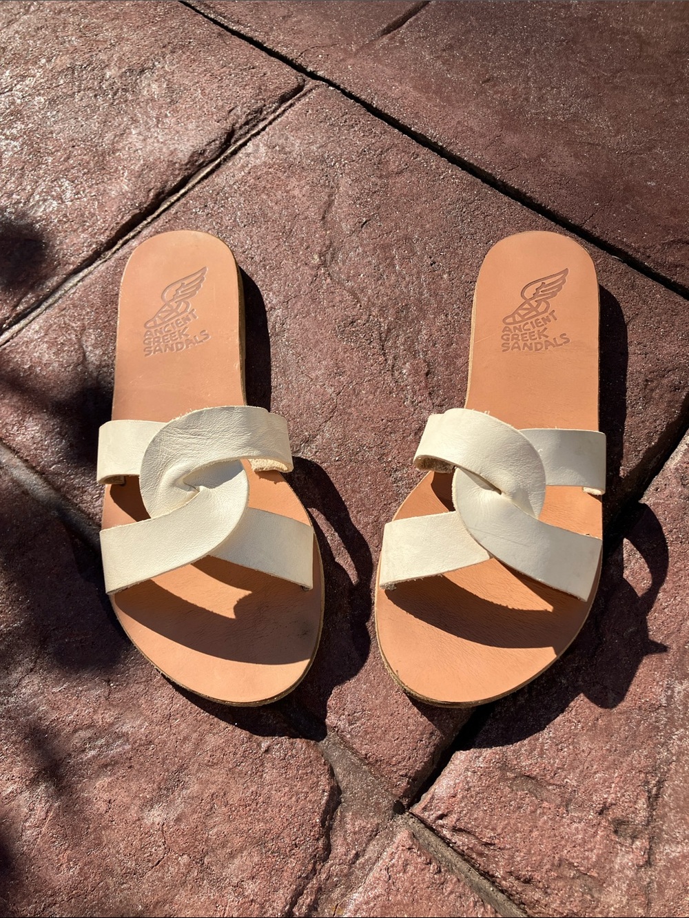 Ancient Greek Sandals Cream Leather Knot Slide Sandals w FREE GIFT:) :)